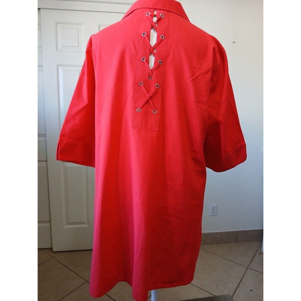 Chico’s‎ Red Lace Up Back Button Front Blouse Short Sleeve Tunic Size 2 Large - Picture 4 of 15